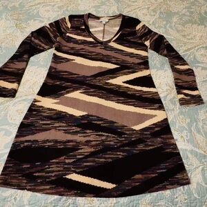Veronica M knee length/v-neck/knit dress, sz xs, blk/lavender/cream, used good